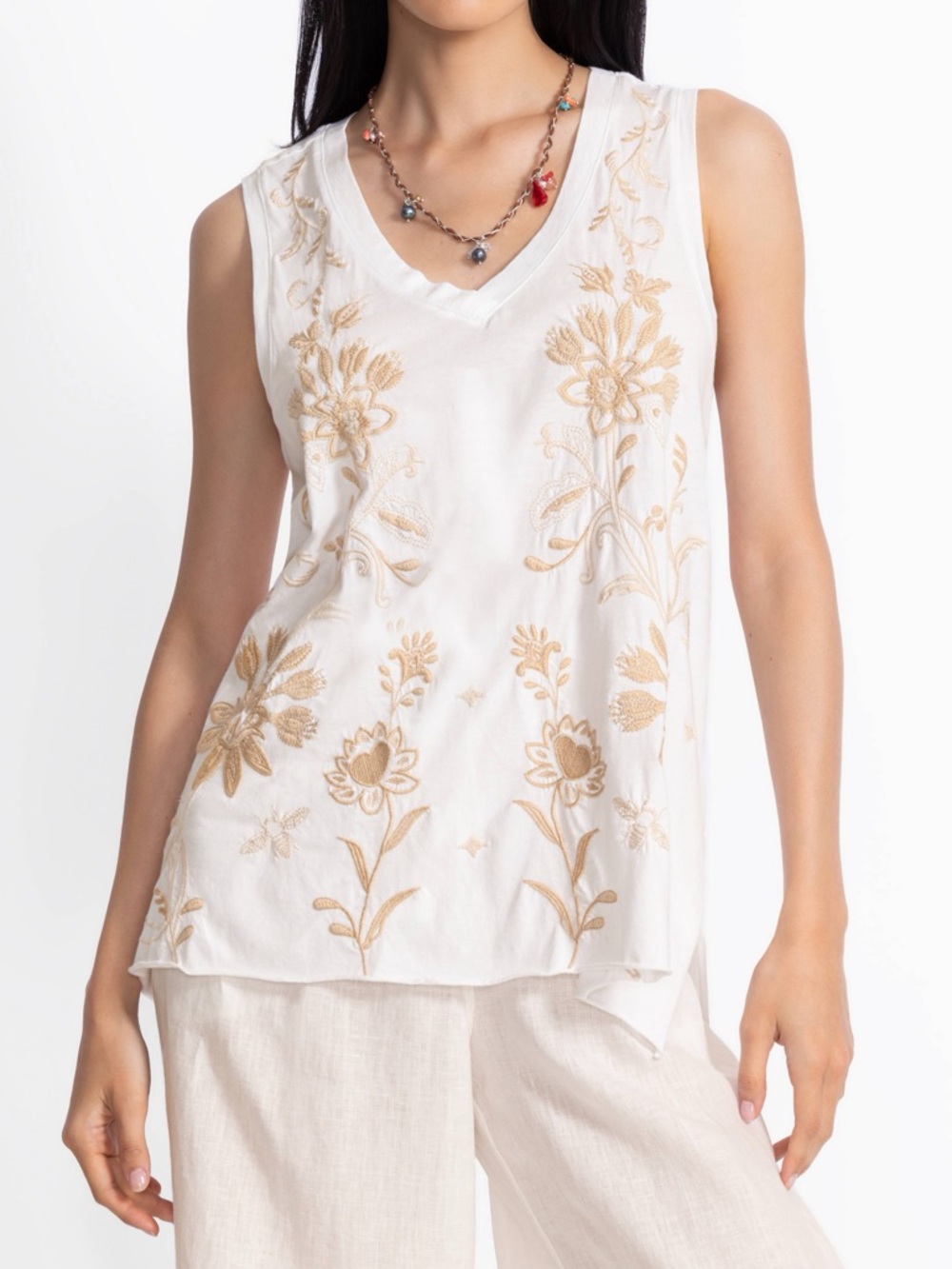 Johnny Was White V-Neck Drape Tank with Tan Floral Embroidery - Picture 2 of 7